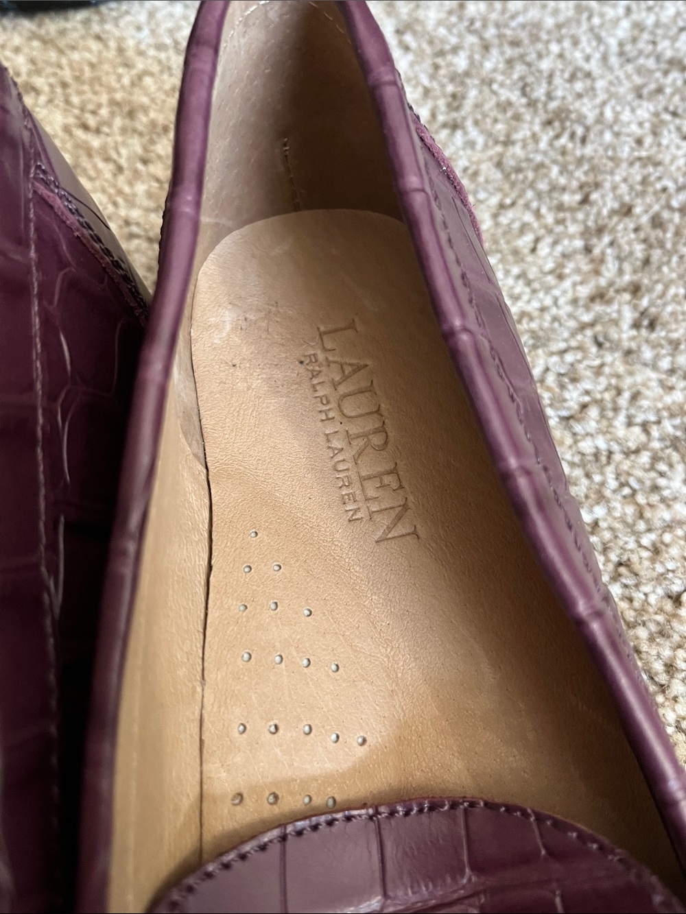 Lauren Ralph Lauren Croc-Embossed Penny Loafers in Plum Burgundy - Picture 2 of 4
